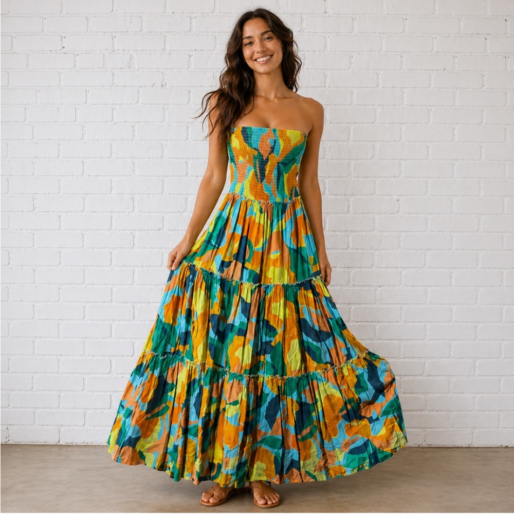 Abel the Label Anthropologie Smocked Strapless Summer Maxi Dress